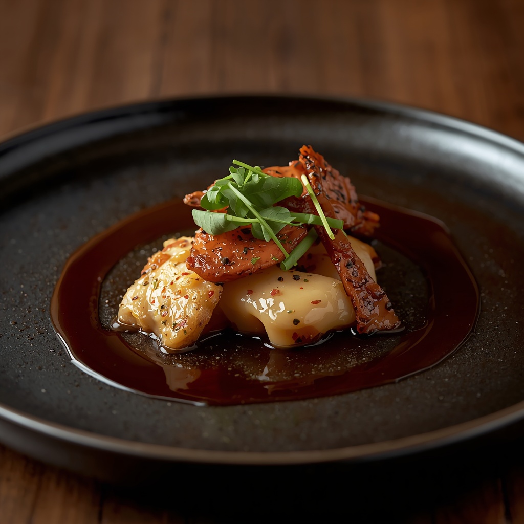 A beautifully plated gourmet meal on a dark ceramic plate, drizzled with reduction sauce, professional food photography, shallow depth of field, warm lighting, no people, no text